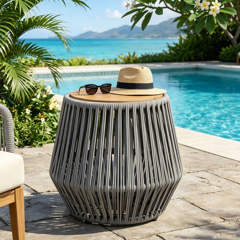 Table d'appoint d'extérieur avec plateau en bois d'acacia et base en corde pour patio et jardin, Gris
