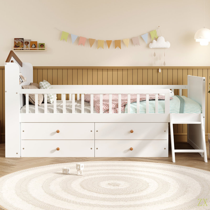 Cadre de lit simple avec rangement à 4 tiroirs, cadre de lit en bois pour enfants, lit plateforme simple avec tête de lit et échelle de garde-corps, aucun sommier requis, assemblage facile