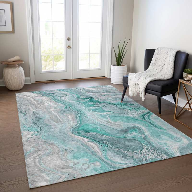 Machine Washable Indoor/Outdoor Cinead ACN1681 Teal Rug, Rectangle 3' x 5'
