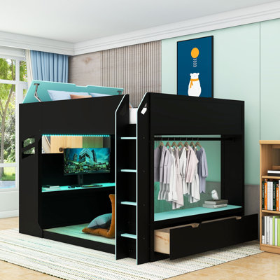 Lit mezzanine avec bureau à hauteur réglable, lumières RVB, tiroirs et tringle