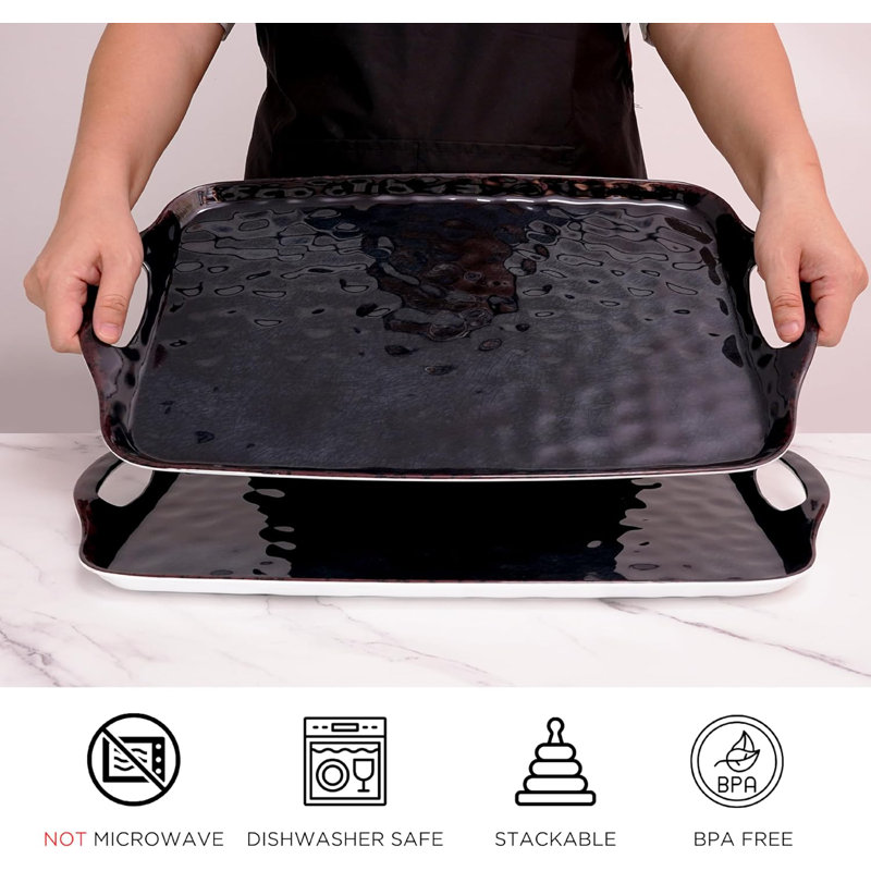 TP Serving Tray With Handles, Large Rectangle Melamine Serving Platter Set Of 2, Black, Solid Color