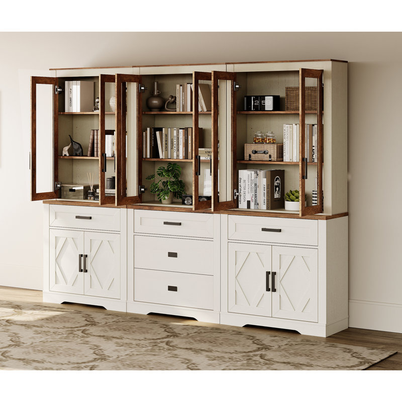 3 Column Bookcase With Drawer,73.3" Tall Floor Standing Bookshelf,Modern Farmhouse Display Storage Cabinet With Adjustable Shelves,Oak