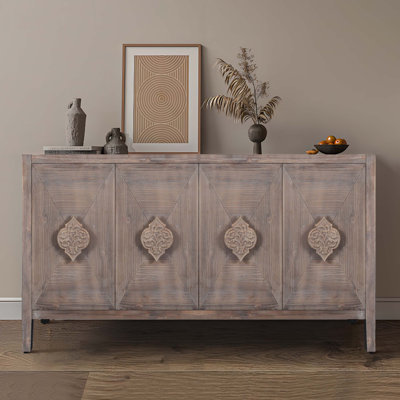 Wood Console Table with Carved Flower Door Handle, Four Door Cabinet by One Allium Way