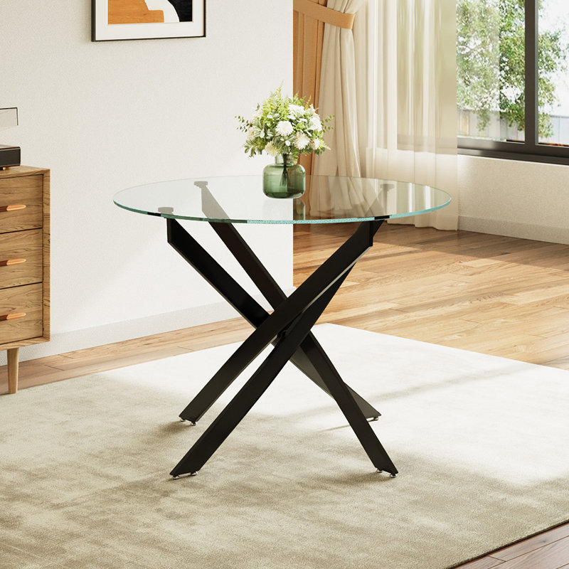 Round Glass Top Metal Base Dining Table, 75cm H x 100cm W x 100cm D