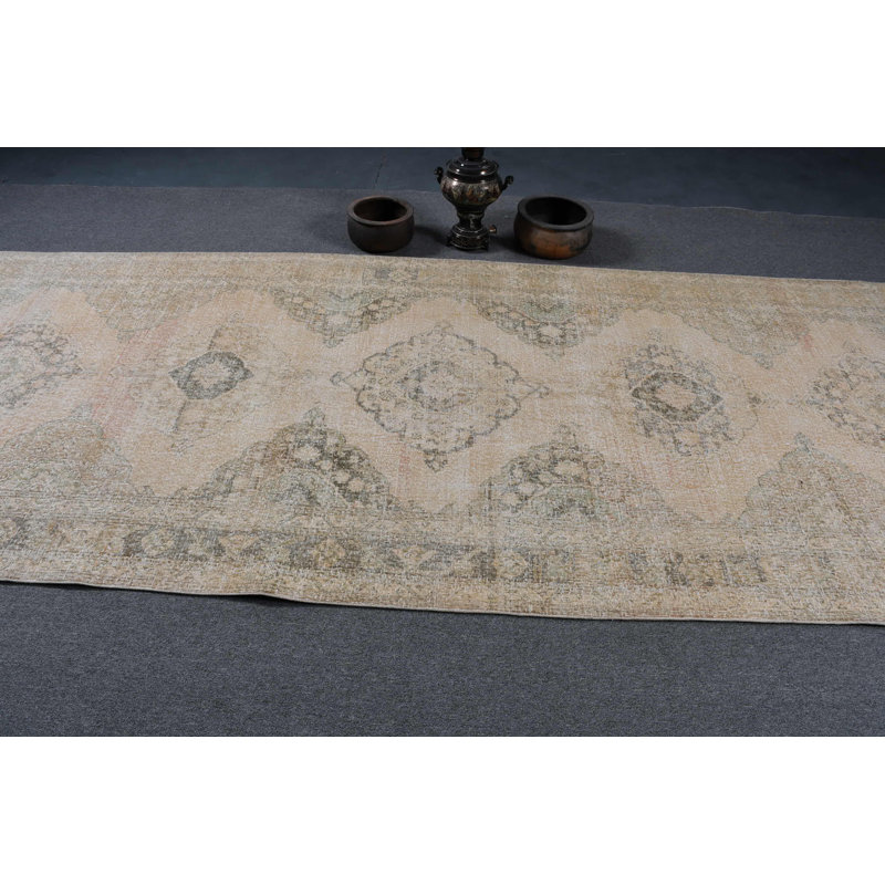 Tapis de couloir turc Oushak rétro fabriqué à la main de style classique beige / vert