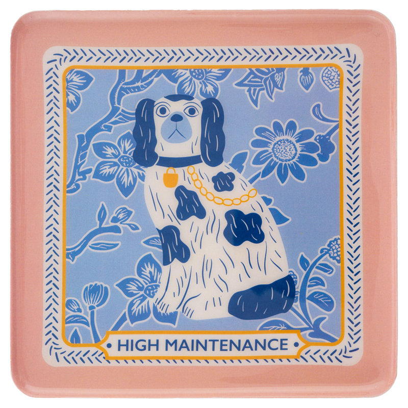 Plateaux émaillés pour chien Staffordshire, Bleu / Rose / Jaune, Chien