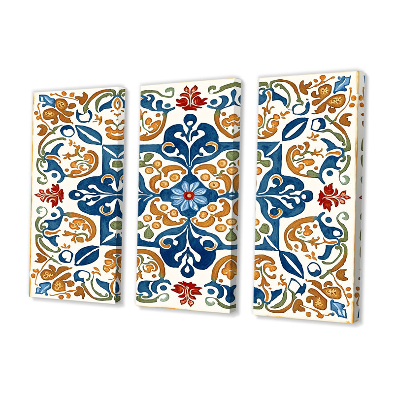 «Méditerranée Tiles in Retro Blue VII», reproduction sur toile 3 pièces, H 28 po x l 36 po x P 1 po, Toile tendue