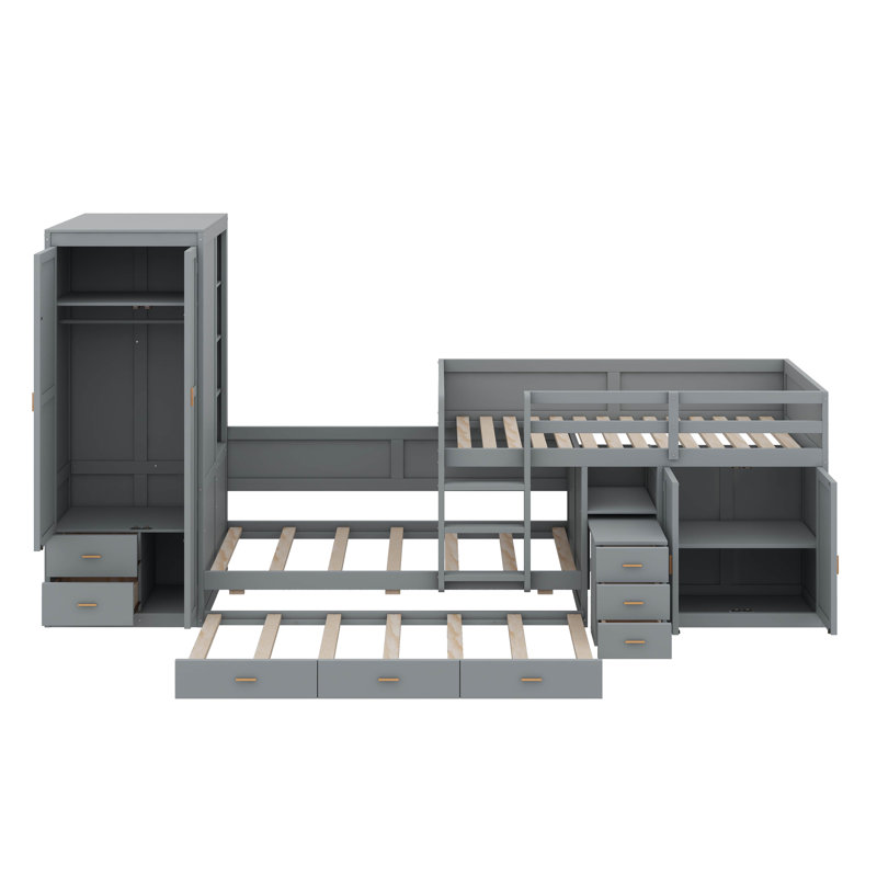 Lit superposé simple équipé d'un bureau gigogne gigogne, Gris