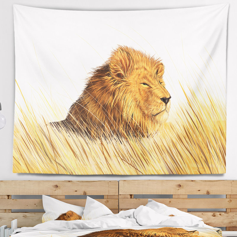 Lion regardant la tapisserie de l'environnement Animal, H 32 po x l 39 po