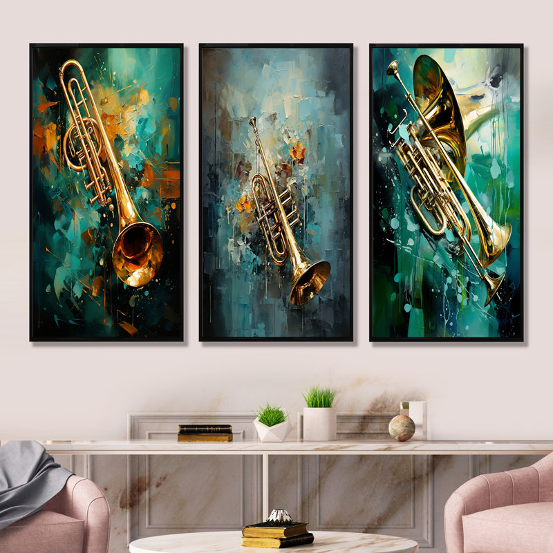 Trombone Tribute Jazzed Jade - ensemble de 3 reproductions d'art sur toile, Cadre flottant noir, H 40 po x l 60 po