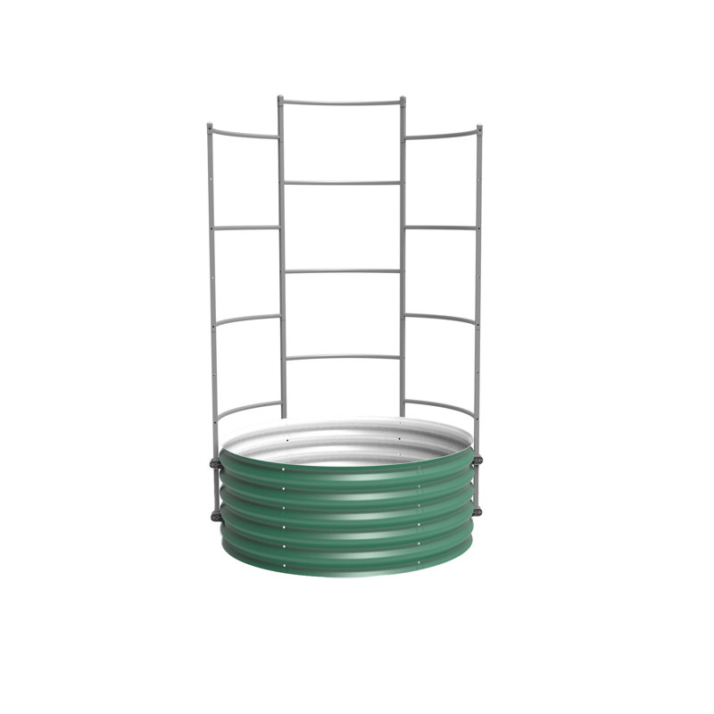 17" Tall 42" Wide Round Metal Outdoor Raised Garden Bed With Trellis, British Green