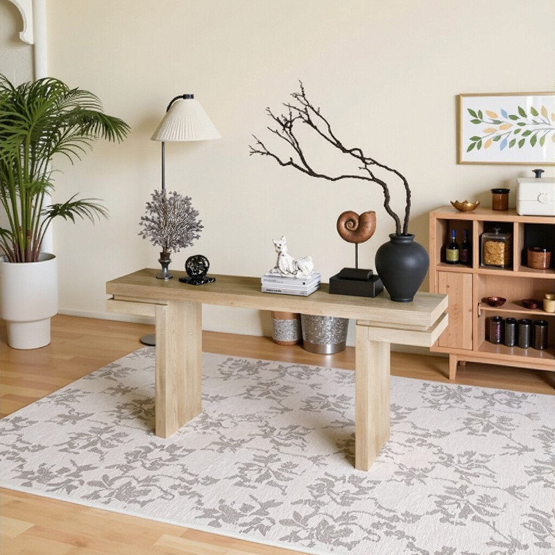Console de 66 pouces de long avec rangement à base ouverte, plateau en panneau de fibres à densité moyenne et placage en bois massif