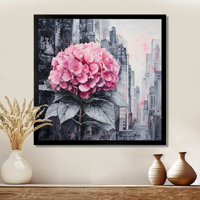 «Hortensias monochromes dans la ville», art mural hortensias, Reproduction encadrée d'une seule photo, H 30 po x l 30 po
