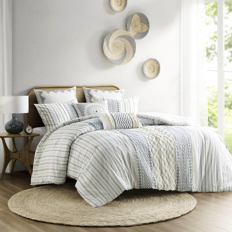 Édredon avec chenille douillette - très grand / très grand blanc / coton bleu marine