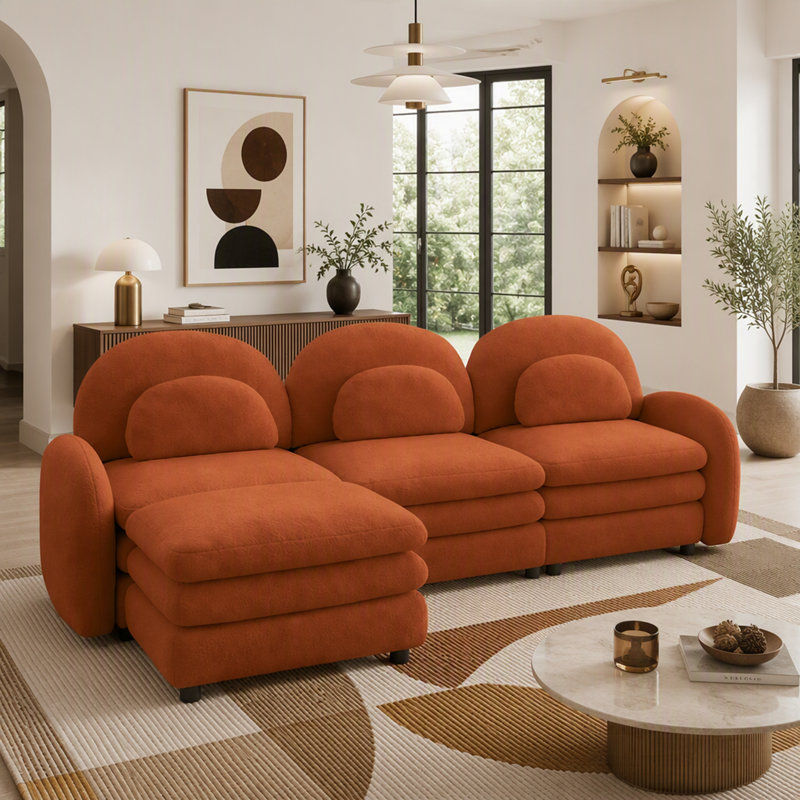 Canapé 3 places en tissu Teddy effet nuage, dossier et accoudoirs incurvés, pouf amovible, coussin double couche, 98.2" W
