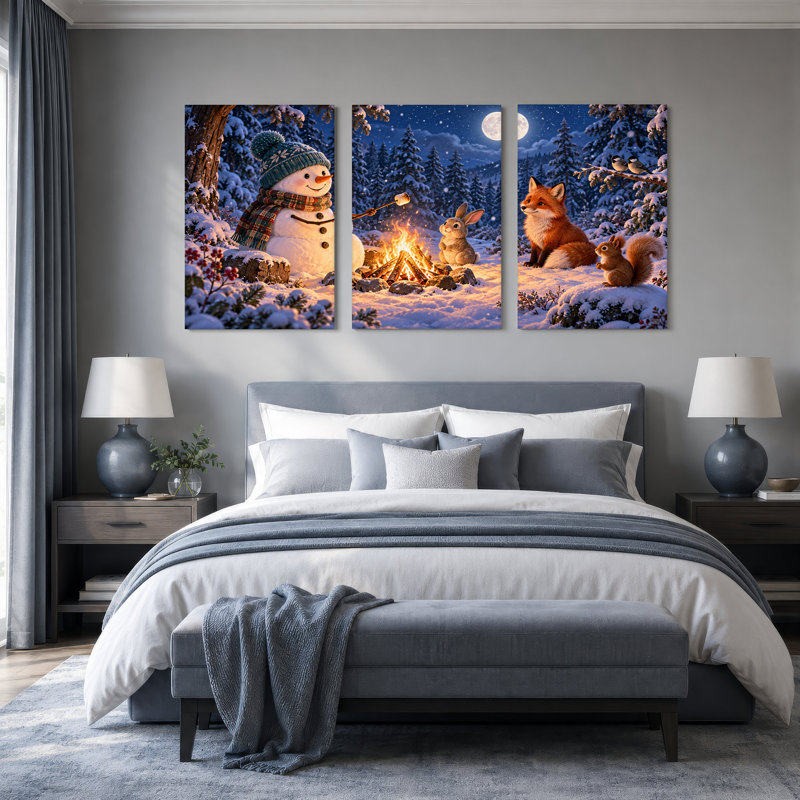 Ensemble de 3 toiles murales de Noël représentant un bonhomme de neige faisant griller des guimauves avec un renard