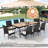 9 Pcs Patio Dining Table Chair Set, 79 In. L Dining Table With Umbrella Hole