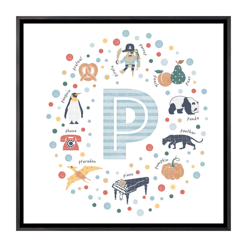 Lettre illustrée P bleue - impression, Pas de tapis, H 37 po x l 37 po x P 1,5 po, Toile avec cadre noir patiné