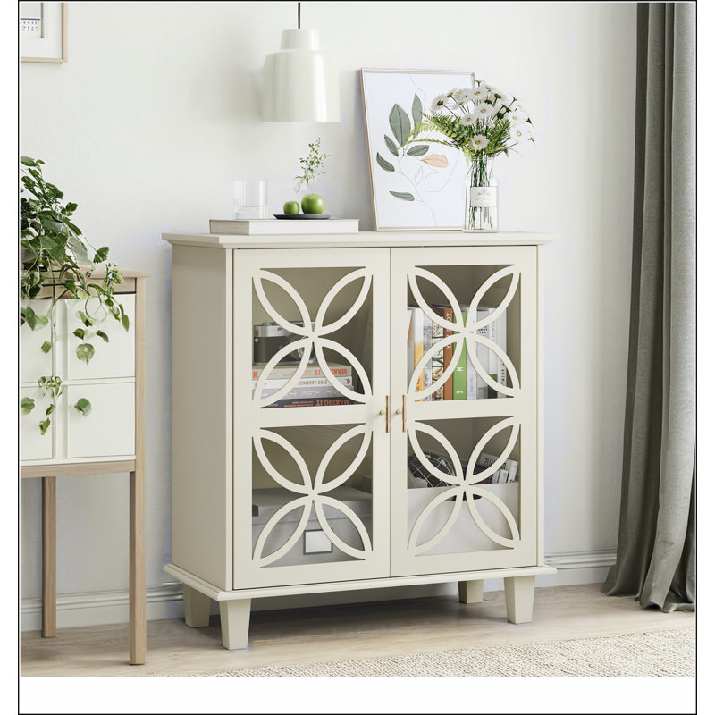 Buffet, armoire de salle de bain autoportante avec portes en verre trempé, console de cuisine rétro moderne, armoire de rangement décorative à 2 portes