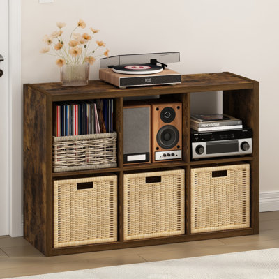 Meuble pour platine vinyle avec rangement intégré, 6 compartiments pour disques vinyle extra épais (1,2 pouce), tablette arrière ouverte pour CD, DVD, Blu-ray et jeux vidéo, idéal pour le salon ou le bureau, couleur pin ambré.