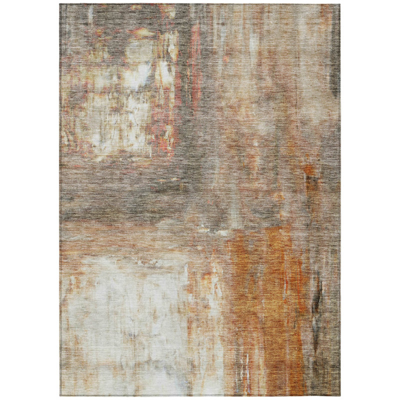 Tapis intérieur lavable abstrait ivoire et brun 8 pi x 10 pi cuivre