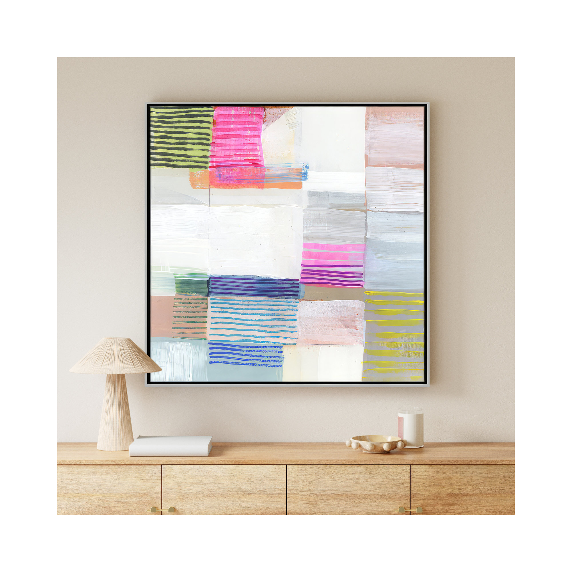 Bright Net II by Cartissi - Floater Frame Painting on Canvas, Silver Framed, 46.5" H x 46.5" W x 2" D