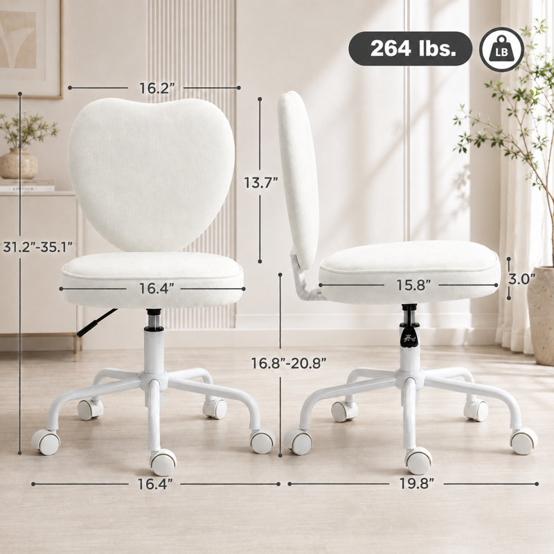 Ce fauteuil de coiffeuse à dossier en forme de cœur dispose d'un réglage en hauteur et en hauteur, d'une rotation à 360 degrés, de roulettes et d'une chaise de bureau.