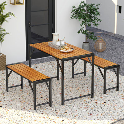 3 Pcs Dining Set For 4 People Outdoor Picnic Table & 2 Benches W/ Metal Frame