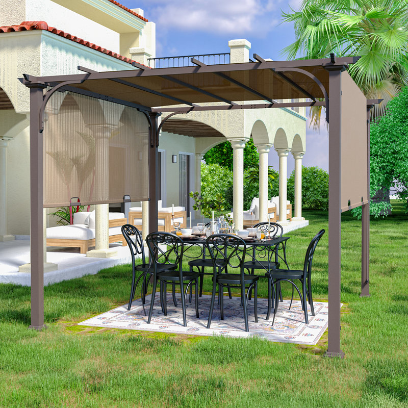 10x10 Tan Steel Pergola with Retractable Canopy