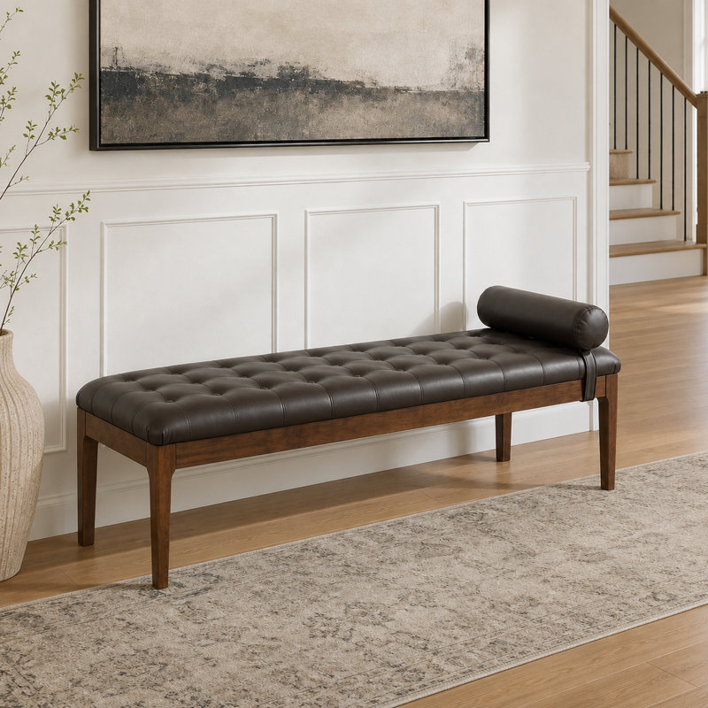 Banc contemporain en cuir Nano avec appui-tête amovible capitonné à boutons profonds et structure en bois d'hévéa pour la fenêtre ou le vestibule de la chambre à coucher