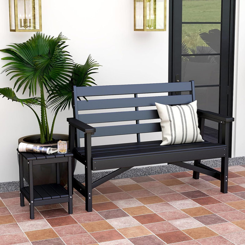 HDPE Outdoor-Dining-Table-Set, Black, 5 Pieces: Table, 2 Chairs, 2 Benches