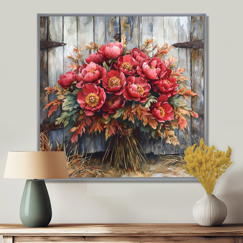 Rustic Charm Peony Bouquet - pivoines, art mural, Impression encadrée flottante, Argent argent, H 16 po x l 16 po