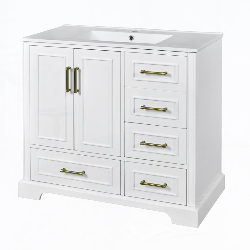 Meuble-lavabo 36 po avec lavabo en céramique, Blanc, Doré