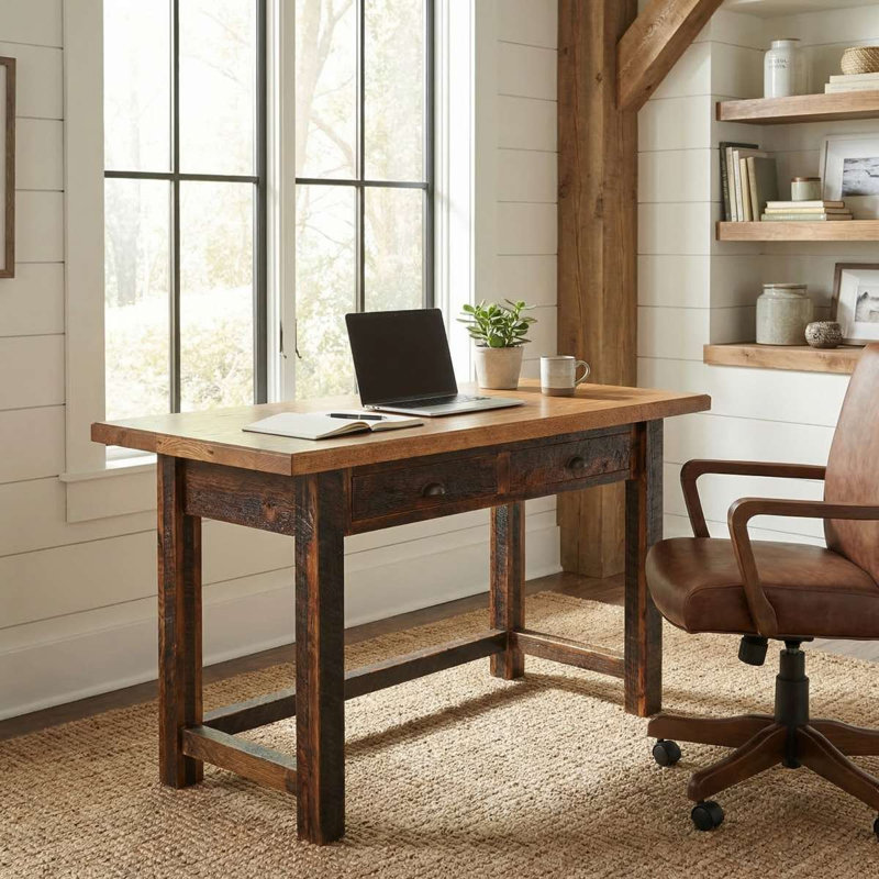 Fireside Lodge Appalachian Two Drawer Writing Desk - Antique Oak Top, Antique Oak Finish with Hickory Legs