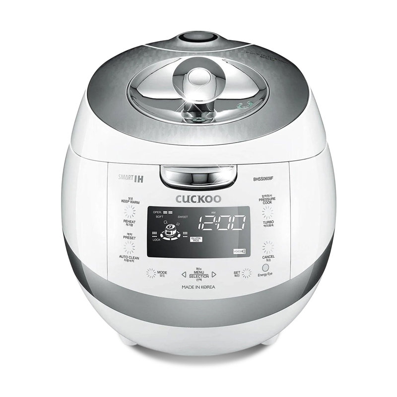 Cuiseur à riz à haute pression 6 tasses non cuit / 12 tasses avec technologie de chauffage par induction CUCKoo, machine à riz polyvalente avec 16 options de menu et plaque à vapeur, guide audio, blanc (CRP-BHSS0609F)