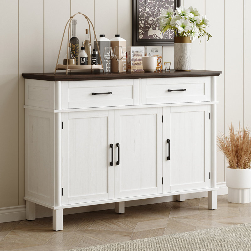 Buffet Cabinet Sideboard With Drawers, Shelves And Doors, White/Brown, 34.2" H x 47.2" W x 14.9" D