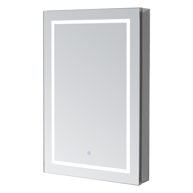 Armoire à pharmacie à DEL à charnière gauche, l 24 po x H 30 po x P 5 po, gradateur, miroir grossissant à DEL réglable 3X, prises électriques, encastré ou à fixation en surface.