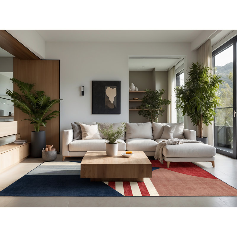 Soft Plush Finke July 4Th Modern & Contemporary Abstract Area Rug in Brown – Navy Binding, 7x10