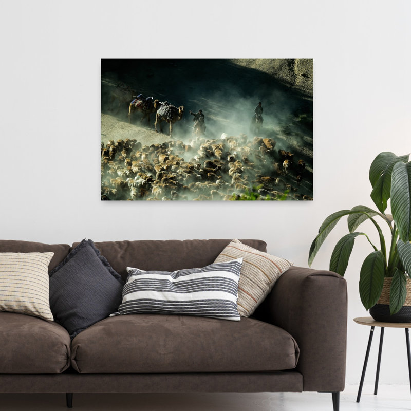 «Dusty Mountain Herders», art contemporain mural, paysage abstrait, H 32 po x l 48 po