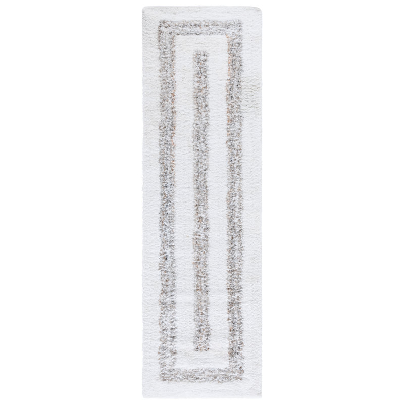 Tapis ivoire / beige tissé à la main à motif géométrique Kipp Shag 103, Tapis de couloir 2 pi 3 po x 8 pi