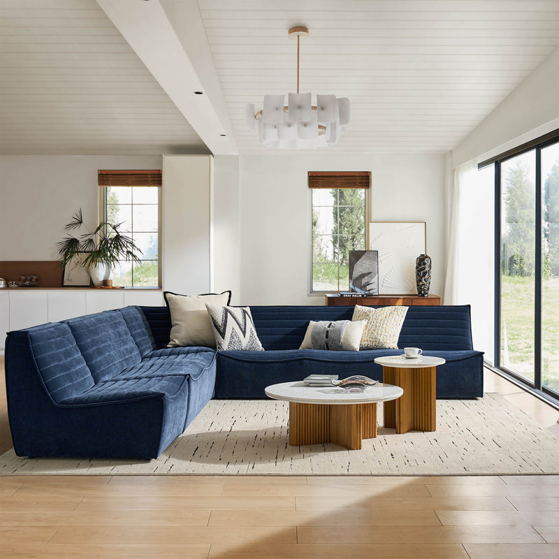 Jacinto 118.5" W Modern Sectional Sofa, Blue Polyester Blend