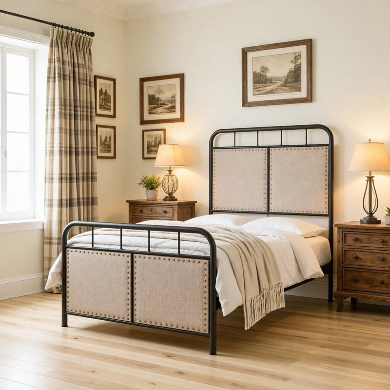 Base de lit simple tapissier en lin avec tête de lit et pied de lit en tissu