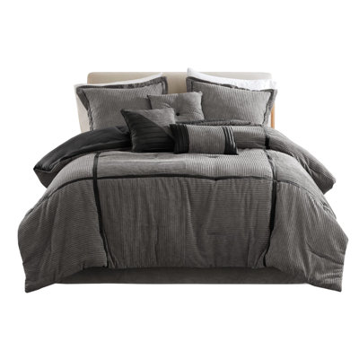 7 Piece Corduroy Bedroom Grey King - Modern, Comfortable Design Comforter Dark Brushed Fabric Reverse For Comfort