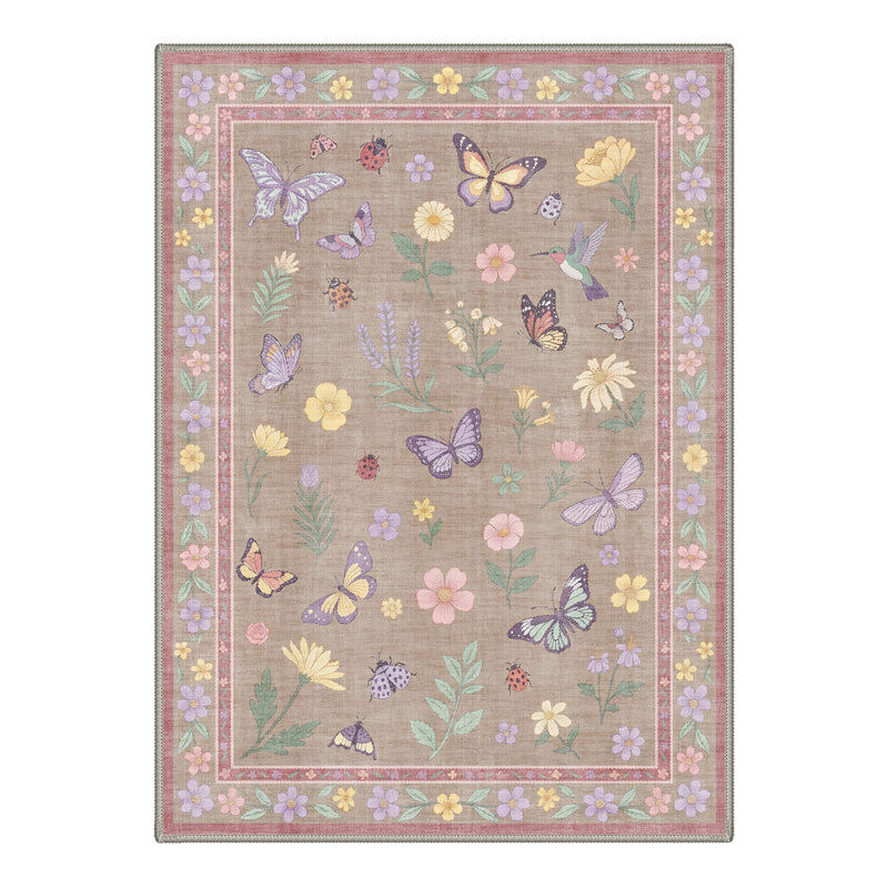 Adonis Vespera Floral Machine Washable Pink / Brown Indoor Area Rug with Non-Slip Backing, Rectangle 5' x 7'