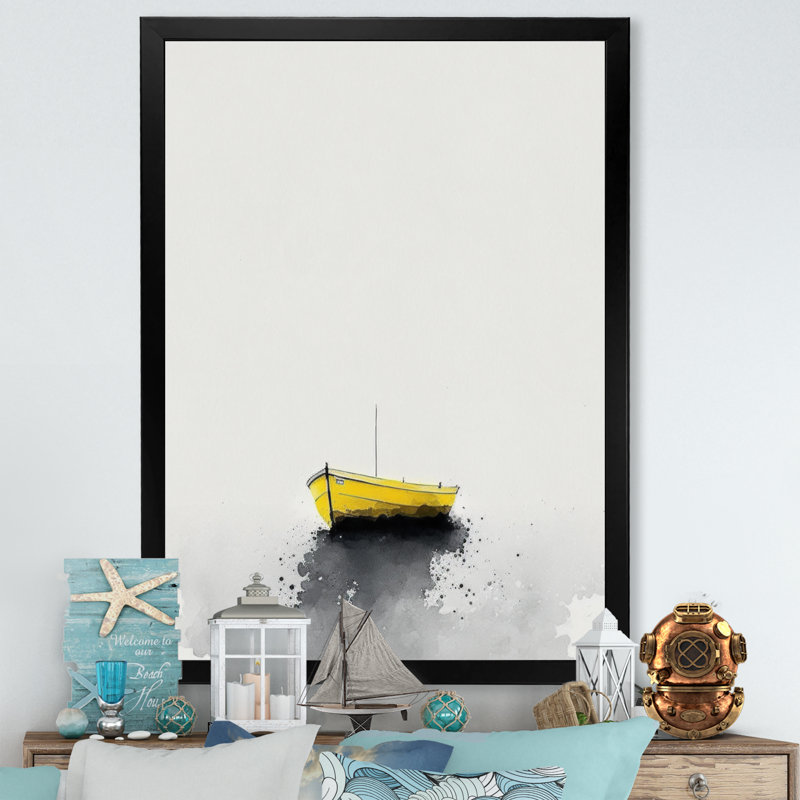 «Yellow Fog Boat On Lake IV - Coastal Boat», art mural sur toile, Impression noire sur toile encadrée