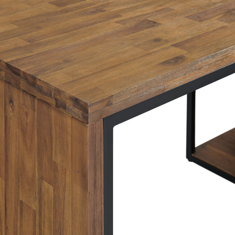 Acacia Wood L-Shaped Corner Desk with Storage Credenza