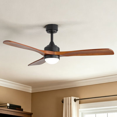 Kemp 52" 3-Solid Blade Matte Black Ceiling Fan with Light, Flush & Downrod Mount, Reversible, Remote Control, Modern Fan for Indoor Medium/Large, Black&Brown