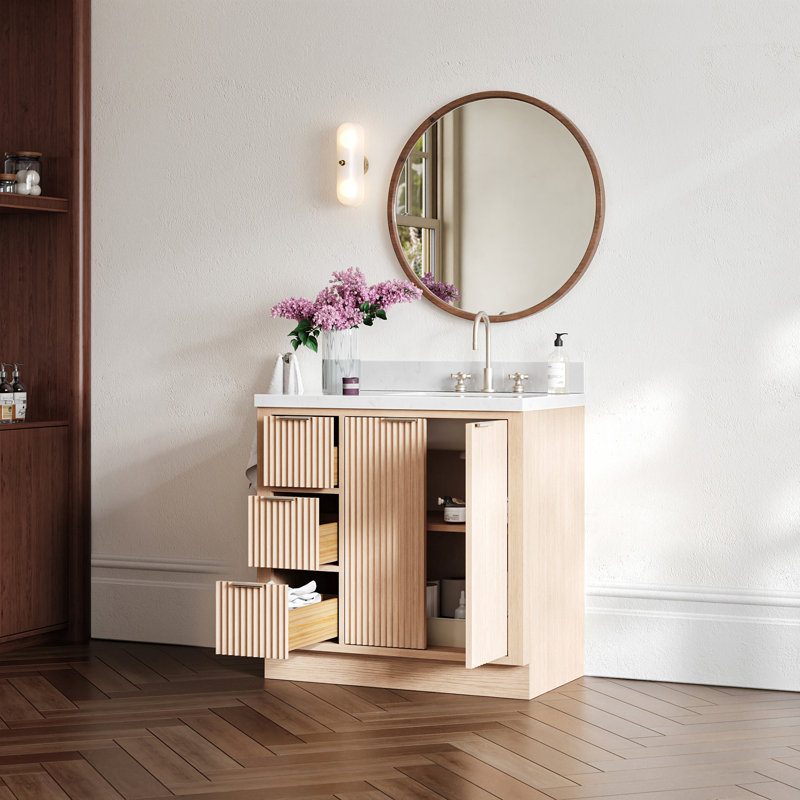 Meuble-lavabo simple en bois massif 36 po avec comptoir en quartz de Carrare de 1,5 po, évier droit et rectangulaire, Oui