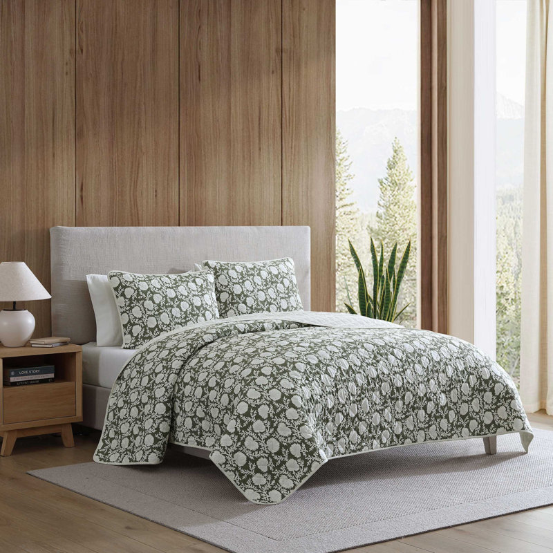 Eddie Bauer Garden Bloom Cotton Quilt Set, King Quilt + 2 King Shams, Green Floral