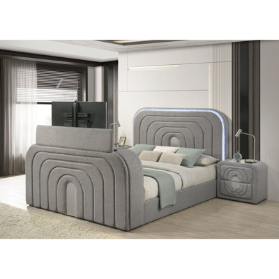 Lit gris avec foyer, foyer, meuble télé, haut-parleur - 50 pour très grand lit, 13 lattes, 2 pieds, 16 couleurs, matériau en bois et mousse, l 77 po x P 81 po, H 59 po